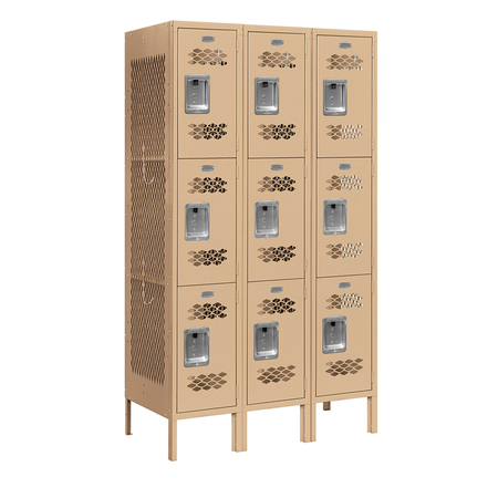 SALSBURY INDUSTRIES 3 Tier Vented Locker, 36"Wx66"Hx18"D, 9 Door, Tan, Unassembled 73358TN-U